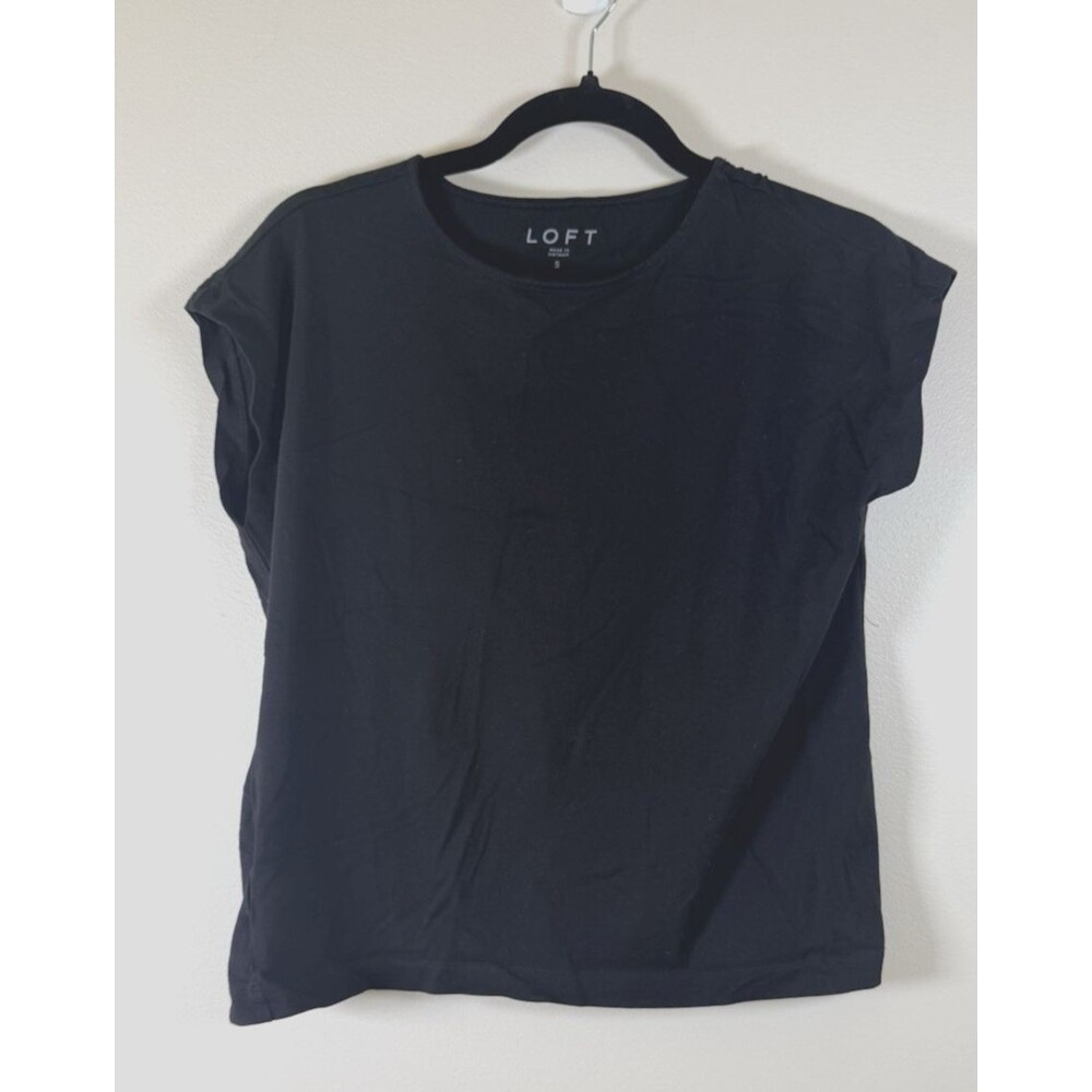 LOFT Womens Black Solid Crew Neck Cap Sleeve Knit Cotton Modal T-Shirt - S